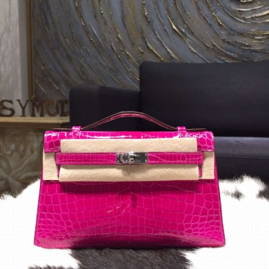 Top Hermes Mini Kelly Pochette 22cm Shiny Alligator Palladium Hardware Handstitched, Rose Scheherazade J5 RS03343