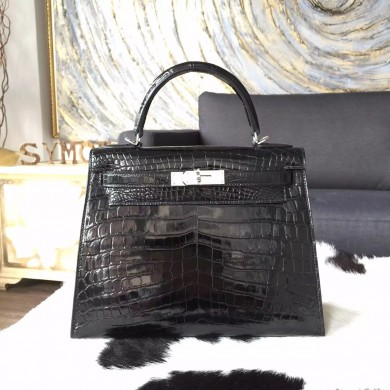 VIP Hermes Shiny Alligator Crocodile Kelly 28cm Sellier Rigide Palladium Hardware Handstitched, Noir Black/Flag Red RS02697