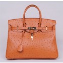 Replica Fashion Hermes Autruche Ostrich Birkin 35cm Bag Handstitched Gold Hardware Handstitched, Mousse Gray CK19 RS12398