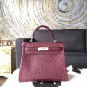 Copy Best Hermes Autruche Ostrich Kelly 28cm Souple Retourne Bag Handstitched Palladium Hardware, Bordeaux CK57 RS12478