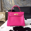 Copy Hermes Autruche Ostrich Souple Retourne Kelly 32cm Bag Handstitched Gold Hardware, Fuschia Pink 5J RS21552