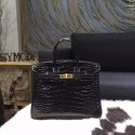 Hermes Birkin 25cm Shiny Alligator Crocodile Handstitched Gold Hardware, Noir Black RS10397