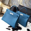 Hermes Kelly 28cm/32cm Togo Calfskin Bag Handstitched Palladium Hardware, Blue de Galice S7 RS01033