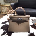 Hermes Kelly 28cm Togo Calfskin Bag Handstitched Palladium Hardware, Etoupe CK18 RS09641