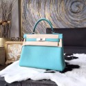 Hermes Kelly 28cm Togo Calfskin Bag Handstitched Palladium Hardware, Lagon Blue 7V RS09234