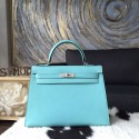 Hermes Kelly 32cm Bag Sellier Rigide Epsom Calfskin Palladium Hardware Handstitched, Blue Atoll 3P RS07222