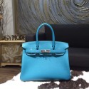 Replica Hermes Birkin 30cm Togo Calfskin Original Leather Bag Handstitched Palladium Hardware, Turquoise Blue 7B RS00983