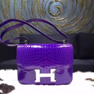 Best Hermes Constance 23cm Matte Alligator Crocodile Original Leather Handstitched Palladium Hardware, Ultraviolet 5L RS18587