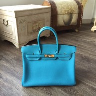 Cheap Hermes Birkin 35cm Togo Calfskin Leather Bag Gold Hardware Handstitched, Turquoise Blue 7B RS20035