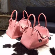 Hermes Lindy 26cm/30cm Taurillon Clemence Calfskin Bag Handstitched Palladium Hardware, Rose Sakura 3Q RS02037