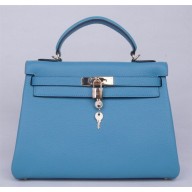 Imitation Hermes Kelly 28cm Togo Calfskin Bag Handstitched Palladium Hardware, Lagon Blue 7V RS10773