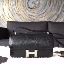 Copy AAAAA Hermes Constance Elan 23cm Lizard Skin Original Leather Handstitched Palladium Hardware, Noir Black RS17112