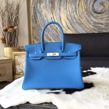 Copy Fashion Hermes Birkin 30cm Taurillon Clemence Bag Handstitched Palladium Hardware, Blue Paradise 2T RS16224