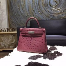 Copy Hermes Autruche Ostrich Kelly 28cm Souple Retourne Bag Handstitched Palladium Hardware , Bordeaux CK57 RS15641