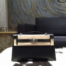 Copy Hermes Mini Kelly Pochette 22cm Box Calfskin Palladium Hardware, Noir Black RS16626