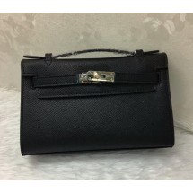 Fake Hermes Mini Kelly Pochette 22cm Box Calfskin Leather Handstitched, Noir Black RS15877