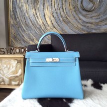 Fashion Hermes Kelly 28cm Epsom Calfskin Original Leather Bag Handstitched Palladium Hardware, Celeste 7N/Mykonos 7Q Interior RS17973