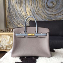 Hermes Bi-Color Birkin 30cm Taurillon Clemence Calfskin Bag Handstitched Gold Hardware, Bleu Lin Etain Grey RS19135