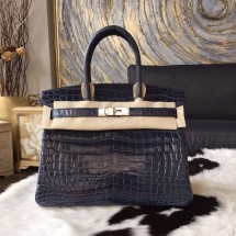 Hermes Birkin 30cm Shiny Crocodile Skin Bag Handstitched Palladium Hardware, Blue Indigo CK76 RS14940