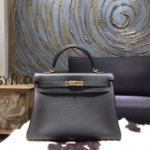 Hermes Kelly 28cm/32cm Togo Calfskin Original Leather Bag Handstitched Gold Hardware, Noir Black RS10639