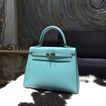 Hermes Kelly 28cm Epsom Calfskin Original Leather Bag Handstitched Palladium Hardware, Blue Atoll 3P RS03001