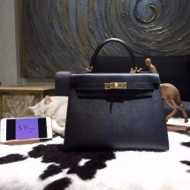 Hermes Kelly 28cm Epsom Calfskin Sellier Rigide Bag Handstitched Gold Hardware, Noir Black RS04346