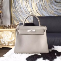 Hermes Kelly 28cm Swift Calfskin Bag Palladium Hardware Handstitched, Pearl Grey CK80 RS21335