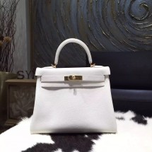 Hermes Kelly 28cm Togo Calfskin Bag Handstitched Gold Hardware, Blanc White RS17354