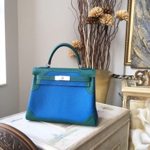 Hermes Kelly Ghillies Limited Edition 28cm Togo Calfskin Leather Bag Handstitched Palladium Hardware, Mykonos 7Q/Malachite Z6 RS04426