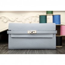 Hermes Kelly Longue Wallet In Blue Lin Clemence Leather RS00003