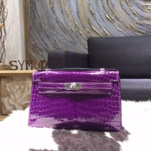 Hermes Mini Kelly Pochette 22cm Shiny Alligator Palladium Hardware Handstitched, Amethyst 9G RS02320