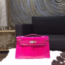 Hermes Mini Kelly Pochette 22cm Shiny Alligator Palladium Hardware Handstitched, Rose Sheherazade J5 RS08489