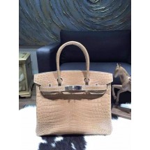 Hermes Shiny Alligator Crocodile Birkin 30cm Palladium Hardware Handstitched, Beige CK14 1C RS14352