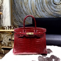 Hermes Shiny Alligator Crocodile Birkin 30cm Palladium Hardware Handstitched, Bordeaux CK57 RS05650