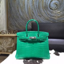 Hermes Shiny Alligator Crocodile Birkin 30cm Palladium Hardware Handstitched, Vert Emeraude 6Q RS06983