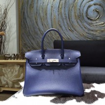 High Quality Fake Hermes Birkin 30cm Epsom Calfskin Bag Handstitched Palladium Hardware, Blue Saphir CK73 RS20083