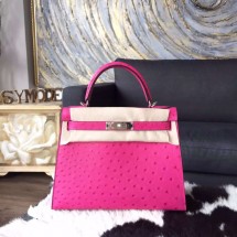 Imitation Hermes Autruche Ostrich Kelly 32cm Sellier Rigide Bag Handstitched Palladium Hardware, Fuschia Pink 5J RS16236