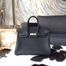 Imitation Hermes Birkin 25cm Togo Calfskin Leather Bag Palladium Hardware Handstitched, Black Noir RS14013