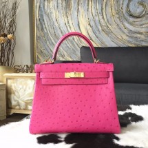 Replica 1:1 Hermes Autruche Ostrich Kelly 28cm Souple Retourne Bag Handstitched Gold Hardware, Fuschia Pink 5J RS10811