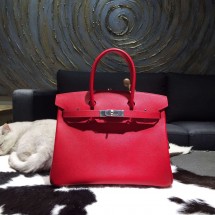 Replica Hermes Birkin 30cm Epsom Calfskin Bag Handstitched Palladium Hardware, Rouge Casaque Q5 RS15569