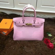 Replica Hermes Shiny Alligator Birkin 30cm Bag Hand Stitched Palladium Hardware Handstitched, Pink Tempete N7 RS00503