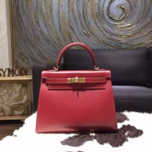 Best Hermes Kelly 28cm Box Calfskin Original Leather Bag Handstitched Gold Hardware, Rouge H CK55 RS08609