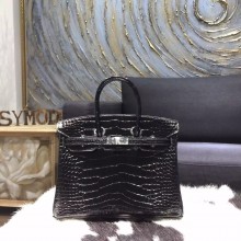 Copy Hermes Birkin 25cm Shiny Alligator Crocodile Palladium Hardware Handstitched, Noir RS20561