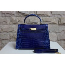 Fake Hermes Shiny Alligator Birkin 35cm Bag Hand Stitched Palladium Hardware, Blue Tempete N7 RS01834