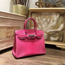 Hermes Birkin 30cm Shiny Alligator Crocodile Palladium Hardware Handstitched, Fuschia Pink 5J RS10604