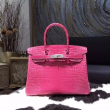 Hermes Birkin 30cm Shiny Alligator Crocodile Palladium Hardware Handstitched, Fuschia Pink 5J RS11446