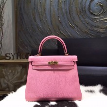 Hermes Kelly 25cm Taurillon Clemence Calfskin Original Leather Bag Handstitched Gold Hardware, Pink 5P RS16485