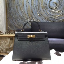 Hermes Kelly 28/32cm Epsom Calfskin Original Leather Bag Hand Stitched, Noir Black RS09638