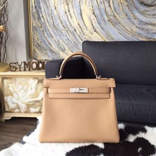 Hermes Kelly 28cm/32cm Togo Calfskin Bag Handstitched Palladium/Gold Hardware, Tabac Camel CK24 RS12569