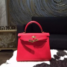 Hermes Kelly 28cm Taurillon Clemence Bag Handstitched Gold Hardware, Rouge Casaque Q5 RS12418